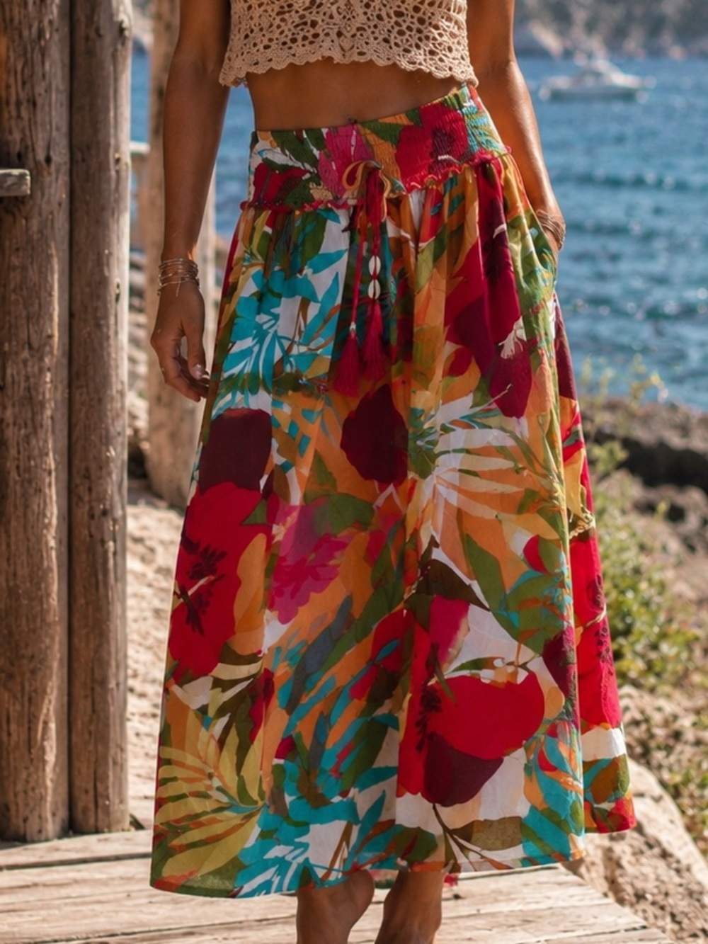 True Destinations Tropical Floral Wide Leg Palazzo Pants Shell Tassels Size M